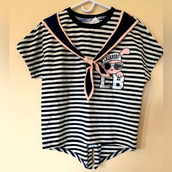 Lala Bobo, striped t-shirt, frontal and back graphics, size S, short sleeves - Picture 1 of 6